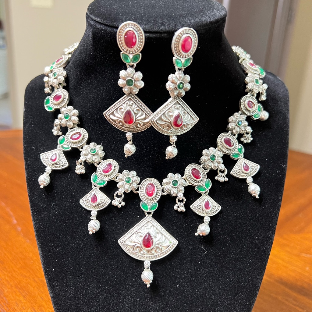 Premium Quality German Silver Ruby And Emerald Stone Necklace With Earrings 117$